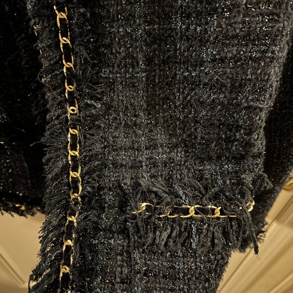 Boston Proper Parisian Navy Blue Shimmer Tweed with Gold Chain Trim Jacket 12 - Picture 9 of 9